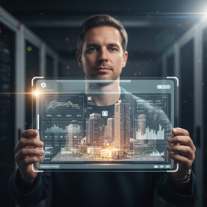 persona che tiene in mano un tablet che mostra il concetto di strategia, design e tecnologie